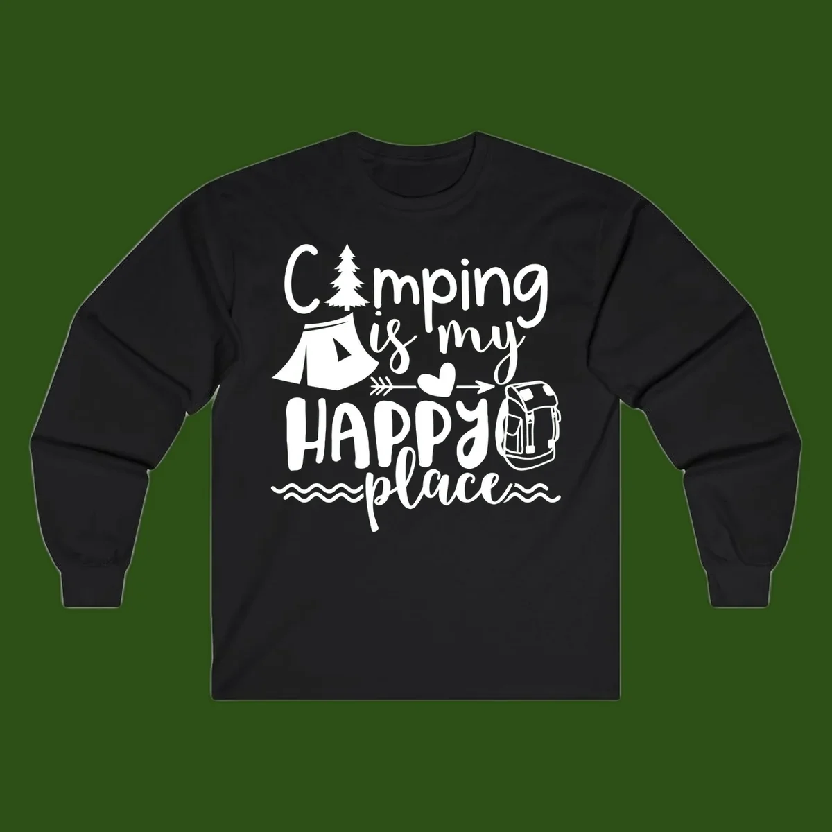 White illustrated camping design with text 'Camping is my happy place' featuring tent, pine tree, beer mug, and backpack on gray background