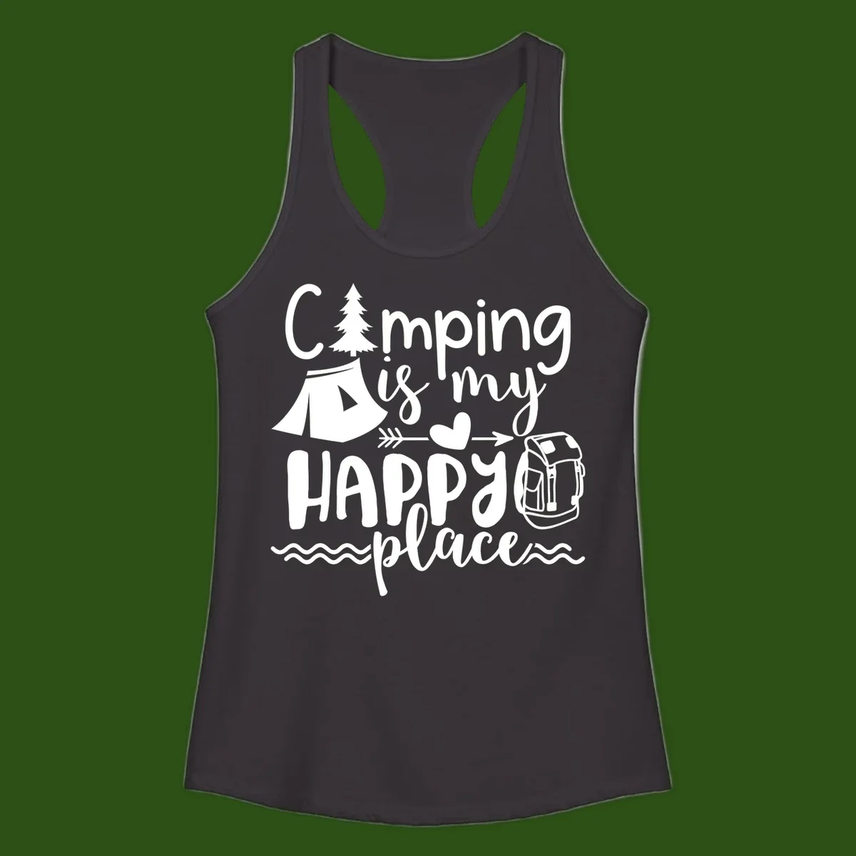 White illustrated camping design with text 'Camping is my happy place' featuring tent, pine tree, beer mug, and backpack on gray background