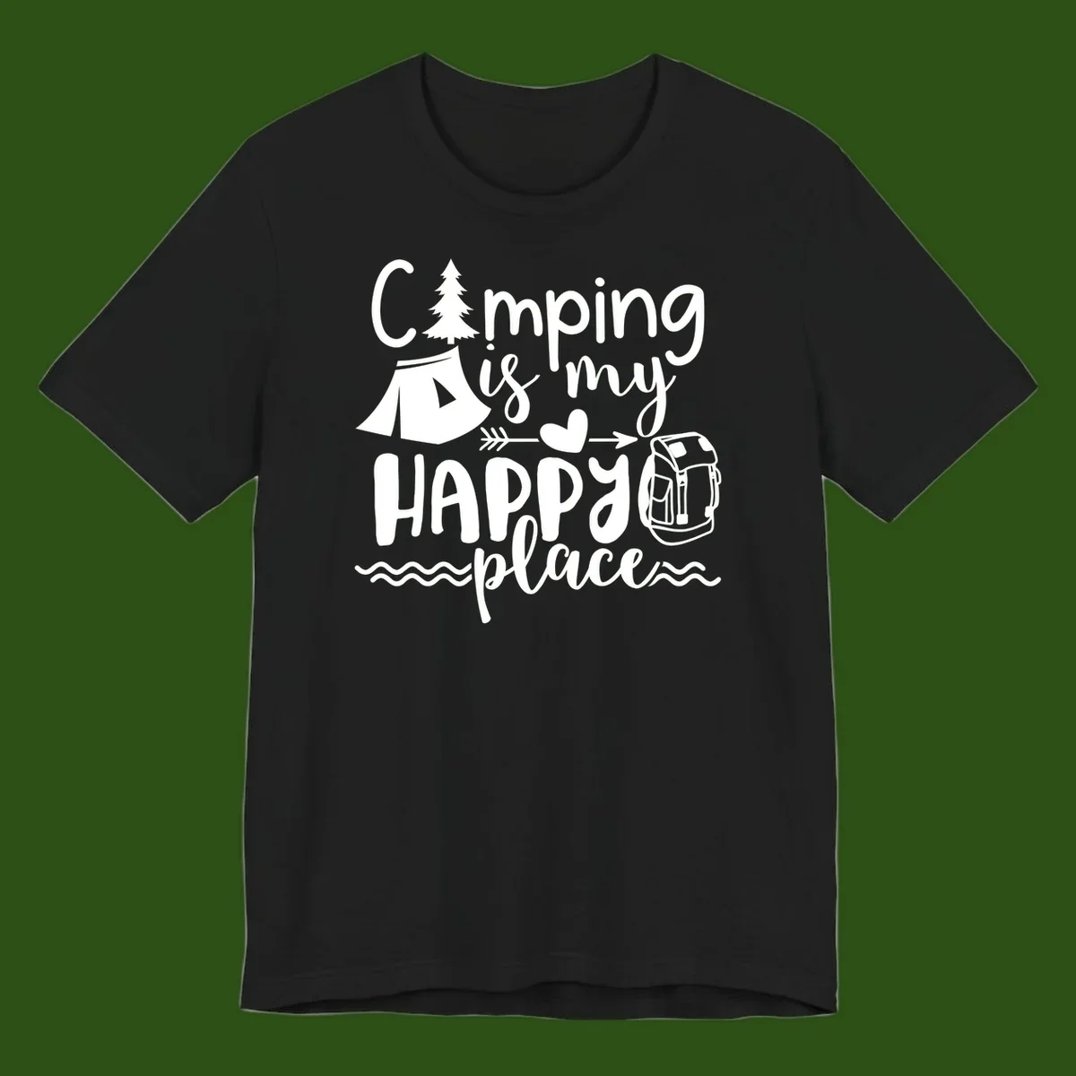 White illustrated camping design with text 'Camping is my happy place' featuring tent, pine tree, beer mug, and backpack on gray background