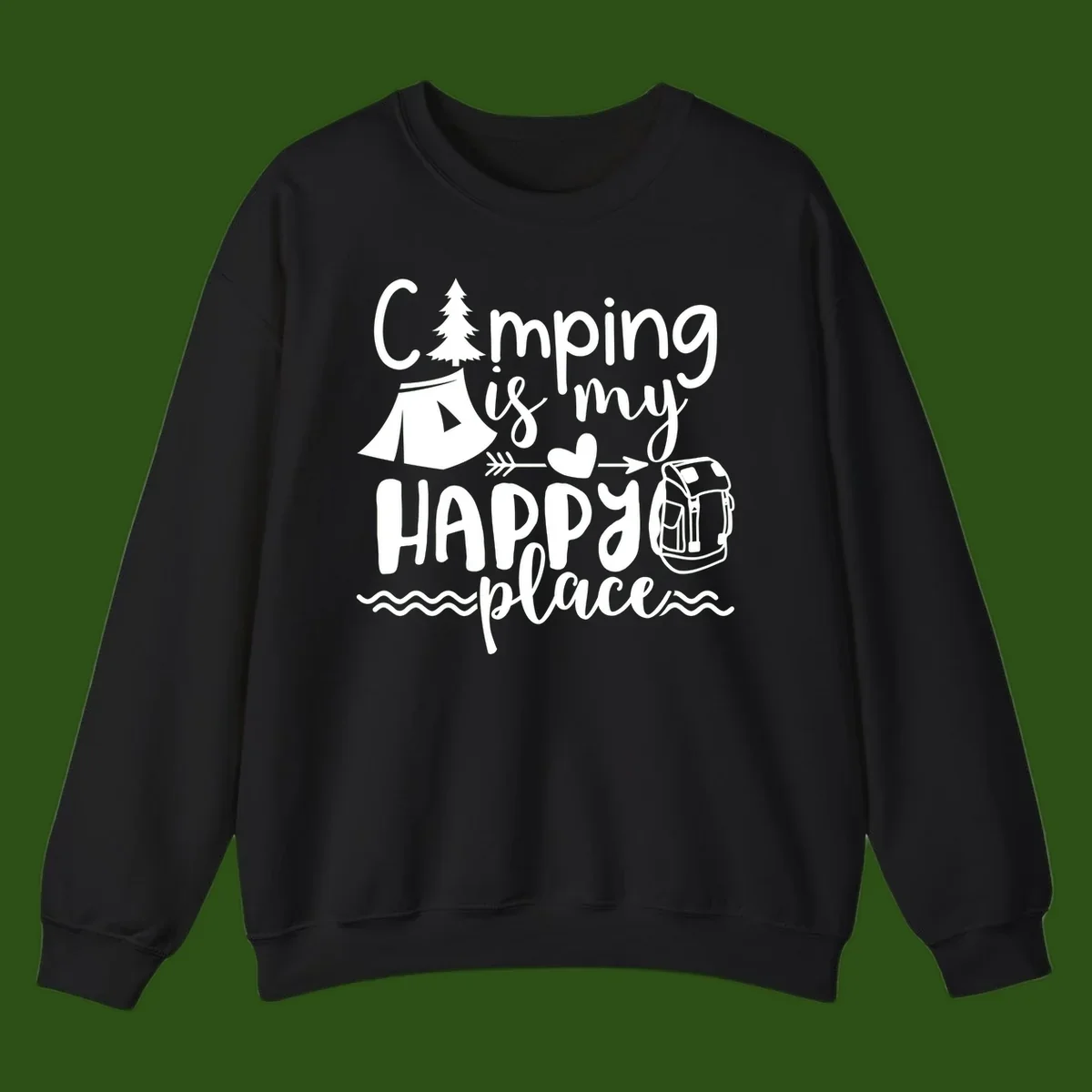 White illustrated camping design with text 'Camping is my happy place' featuring tent, pine tree, beer mug, and backpack on gray background