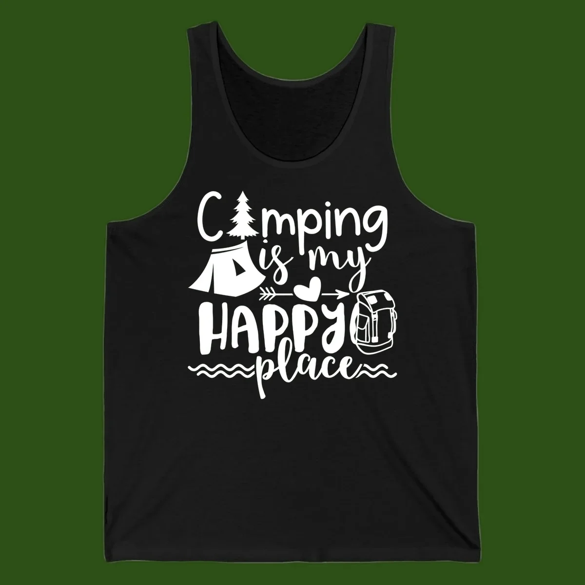 White illustrated camping design with text 'Camping is my happy place' featuring tent, pine tree, beer mug, and backpack on gray background