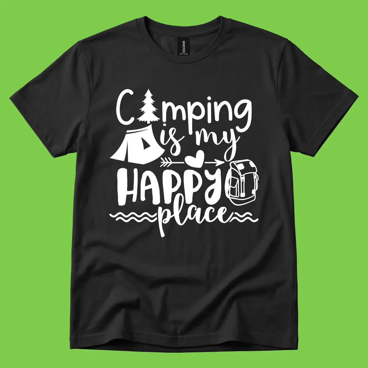 White illustrated camping design with text 'Camping is my happy place' featuring tent, pine tree, beer mug, and backpack on gray background