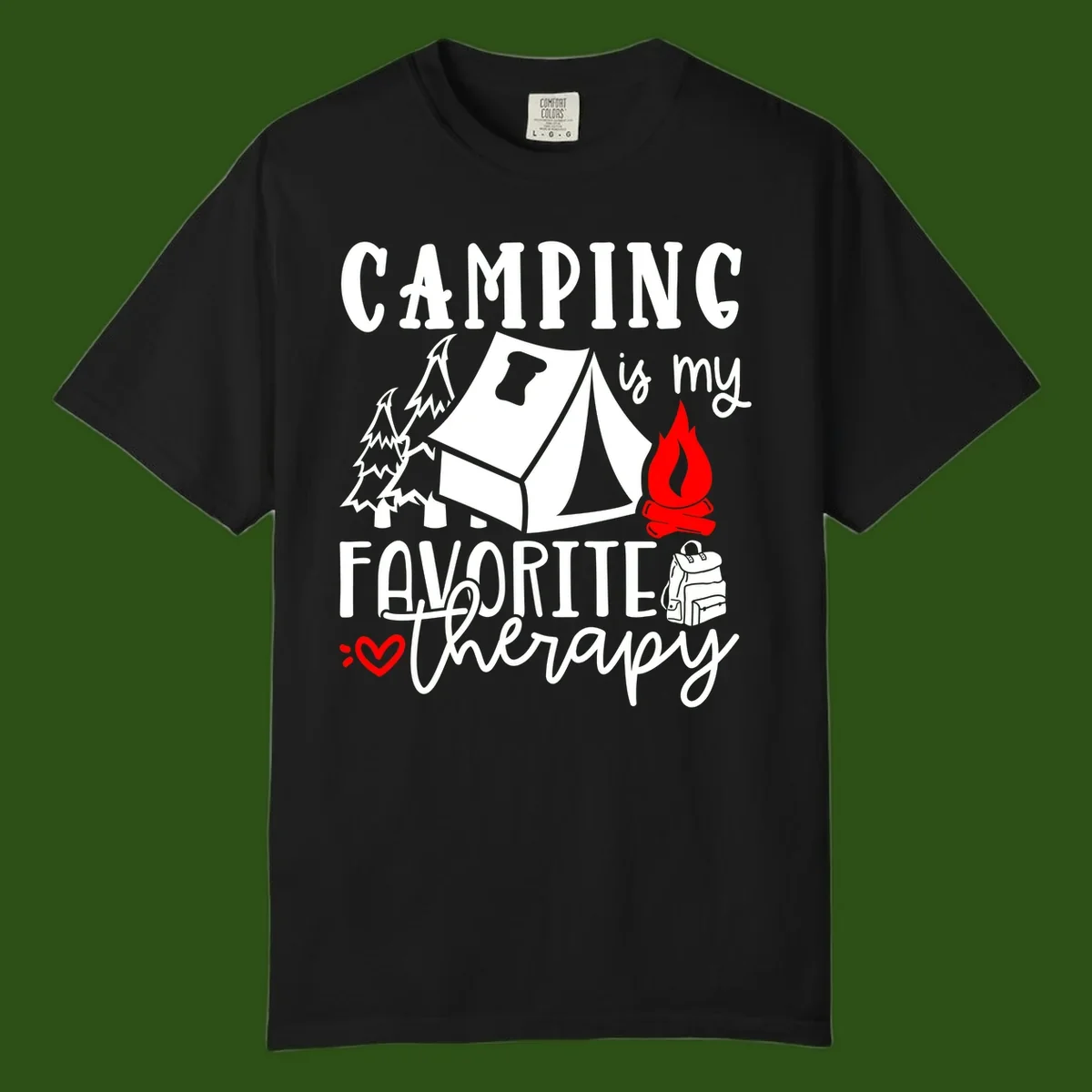 Illustration of tent, campfire, trees, and backpack with text reading 'Camping is my Favorite Therapy' on gray background