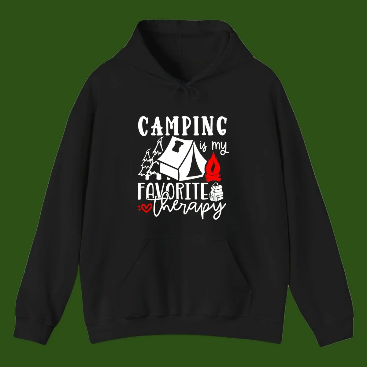 Illustration of tent, campfire, trees, and backpack with text reading 'Camping is my Favorite Therapy' on gray background