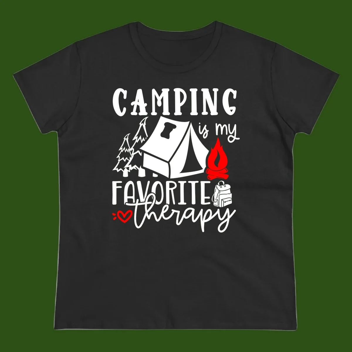 Illustration of tent, campfire, trees, and backpack with text reading 'Camping is my Favorite Therapy' on gray background