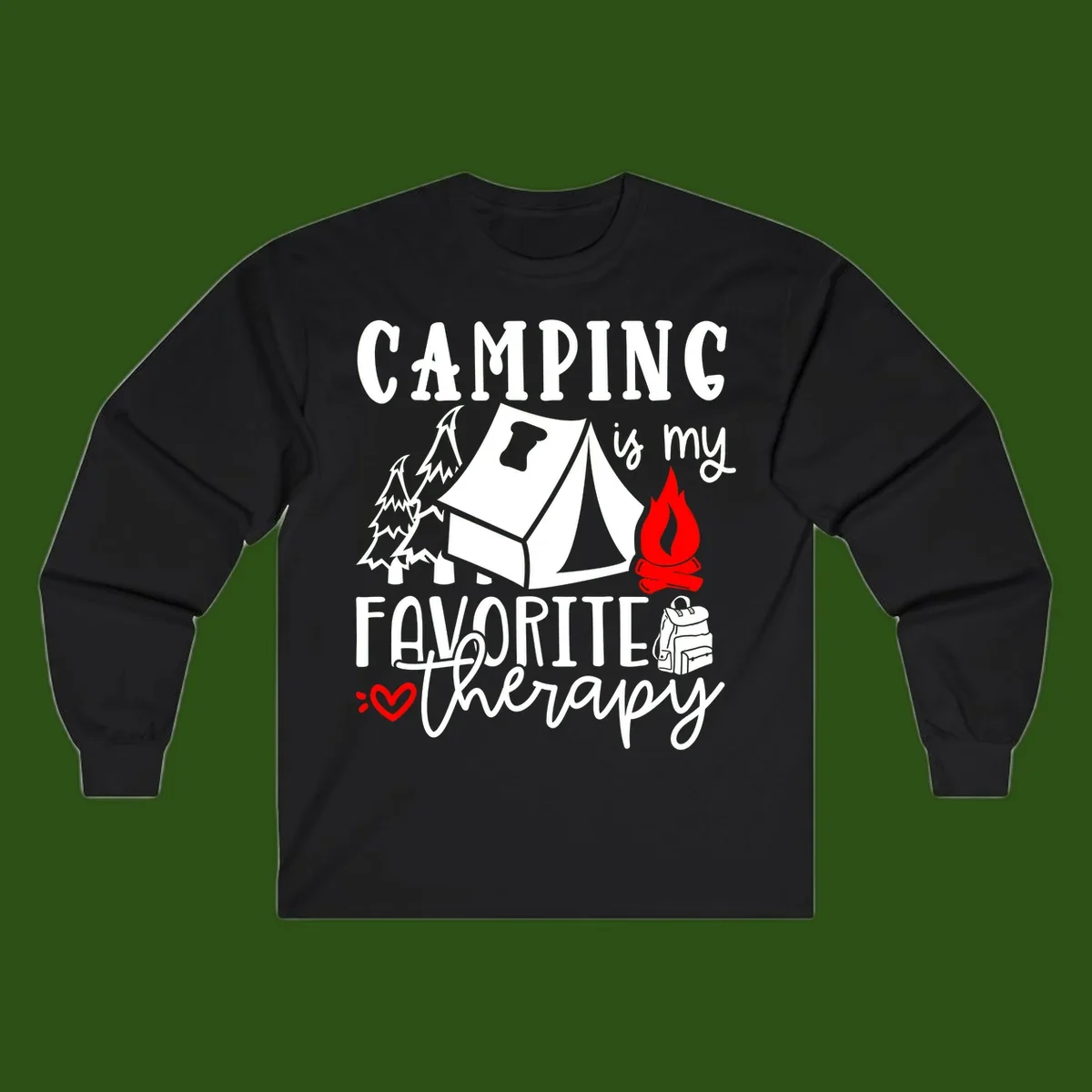 Illustration of tent, campfire, trees, and backpack with text reading 'Camping is my Favorite Therapy' on gray background