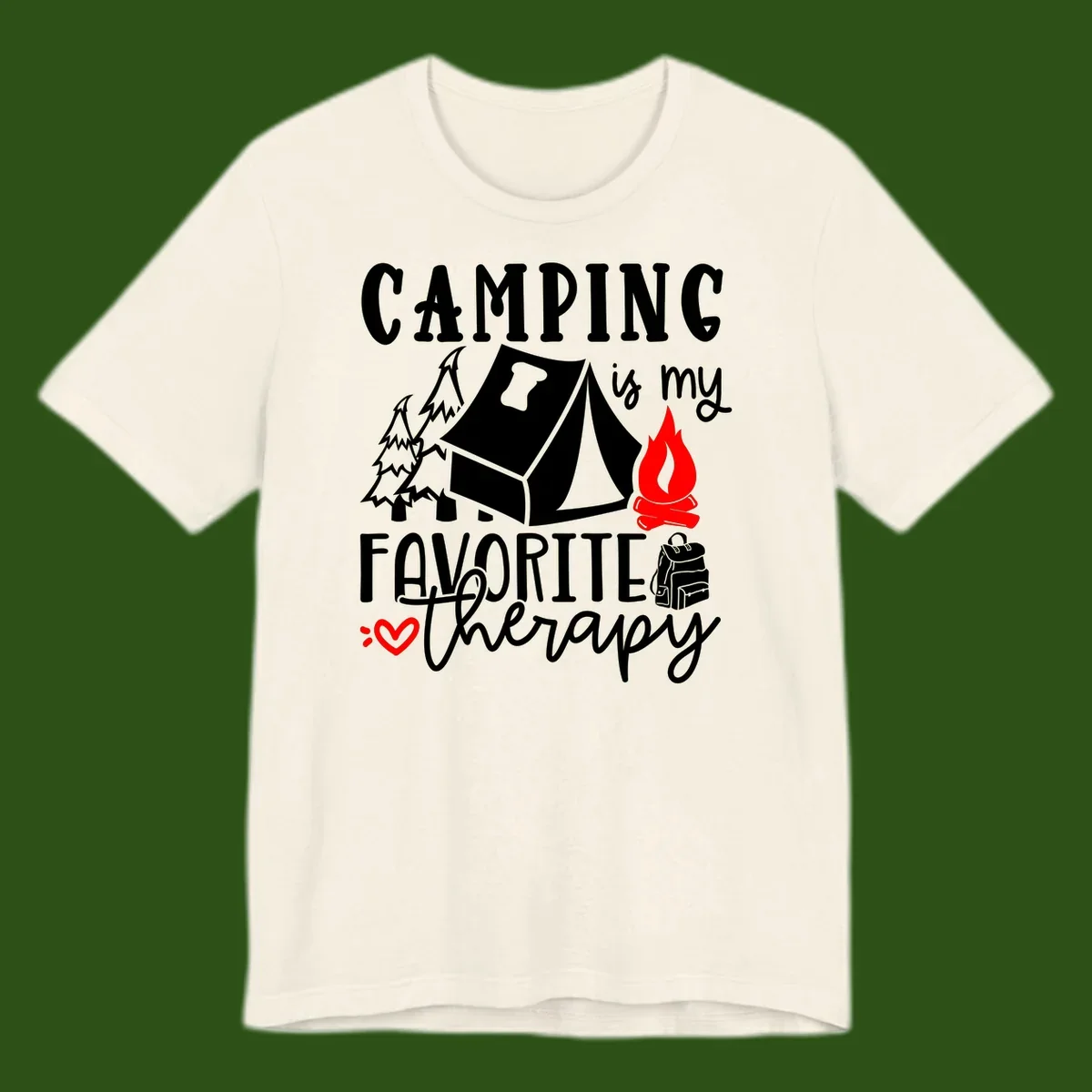 Illustration of tent, campfire, trees, and backpack with text reading 'Camping is my Favorite Therapy' on gray background