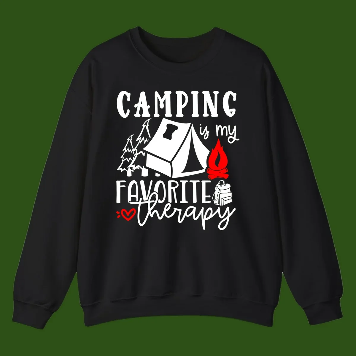 Illustration of tent, campfire, trees, and backpack with text reading 'Camping is my Favorite Therapy' on gray background