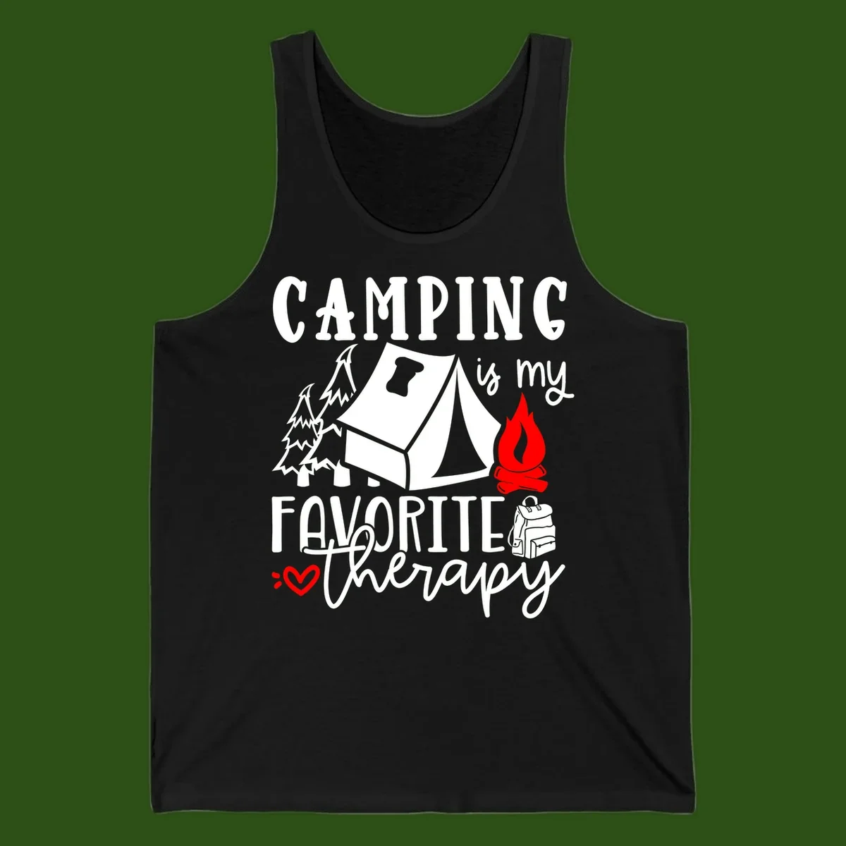 Illustration of tent, campfire, trees, and backpack with text reading 'Camping is my Favorite Therapy' on gray background
