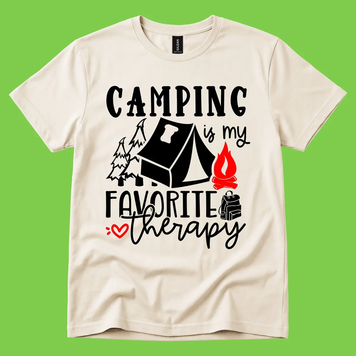 Illustration of tent, campfire, trees, and backpack with text reading 'Camping is my Favorite Therapy' on gray background