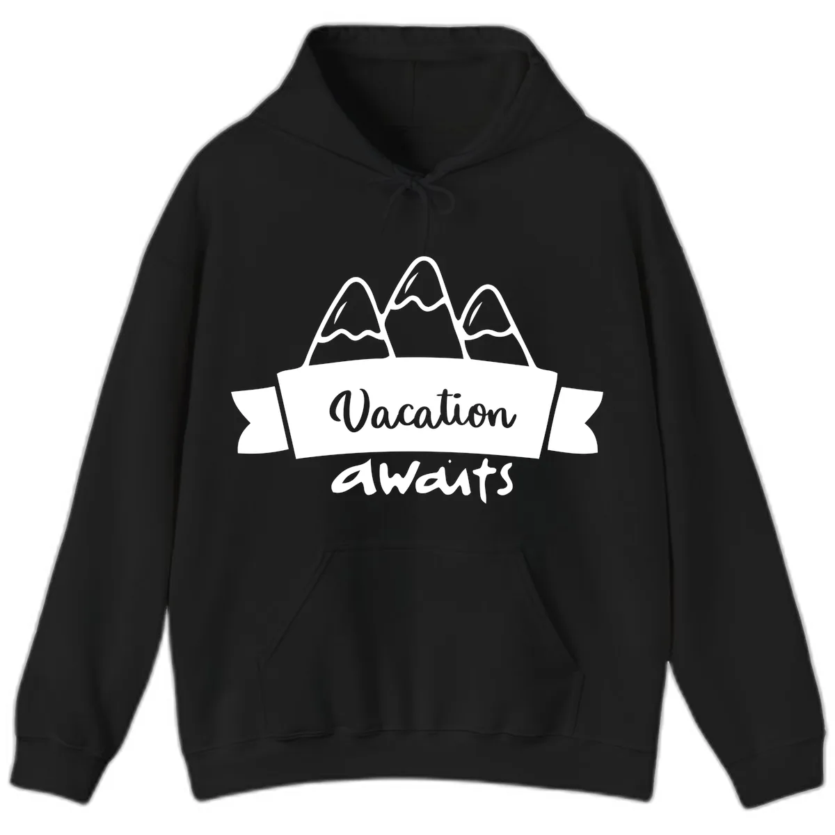 Vacation Awaits Mountain Banner Hoodie in Black