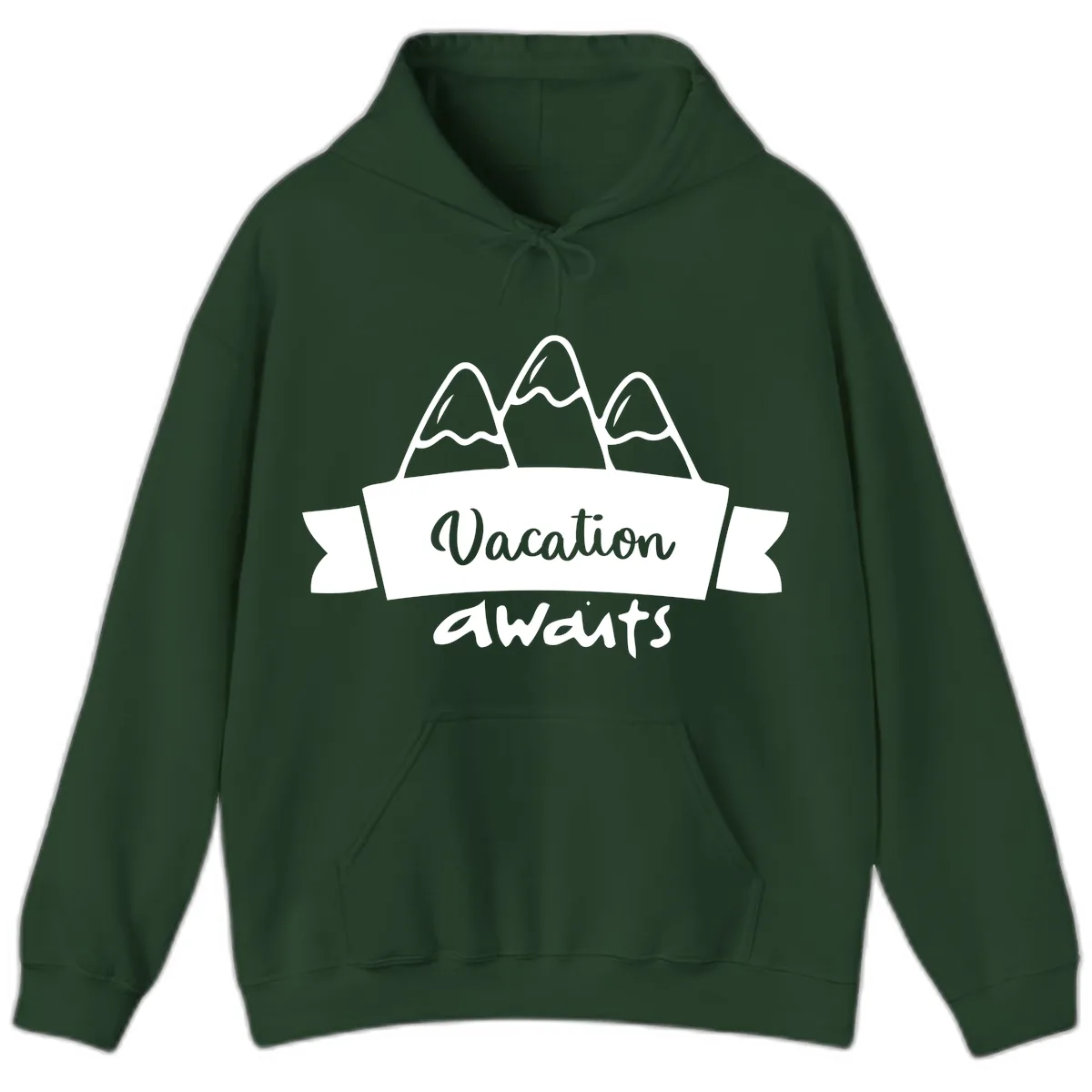 Vacation Awaits Mountain Banner Hoodie in Forest Green