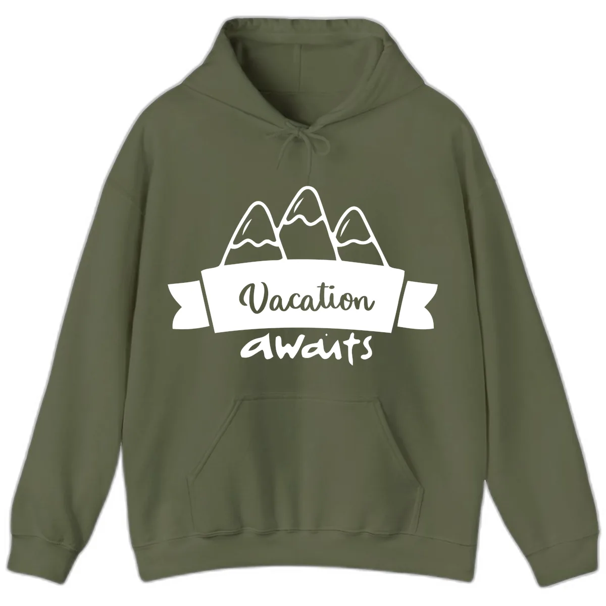 Vacation Awaits Mountain Banner Hoodie in Military Green