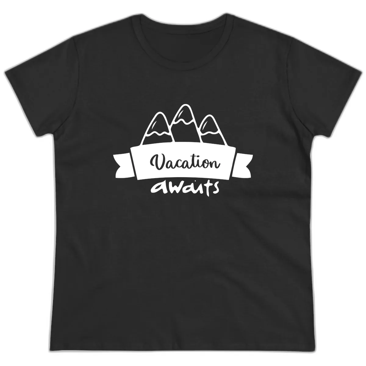 Vacation Awaits Mountain Banner Ladies Tee in Black