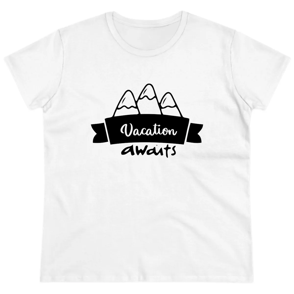 Vacation Awaits Mountain Banner Ladies Tee in White
