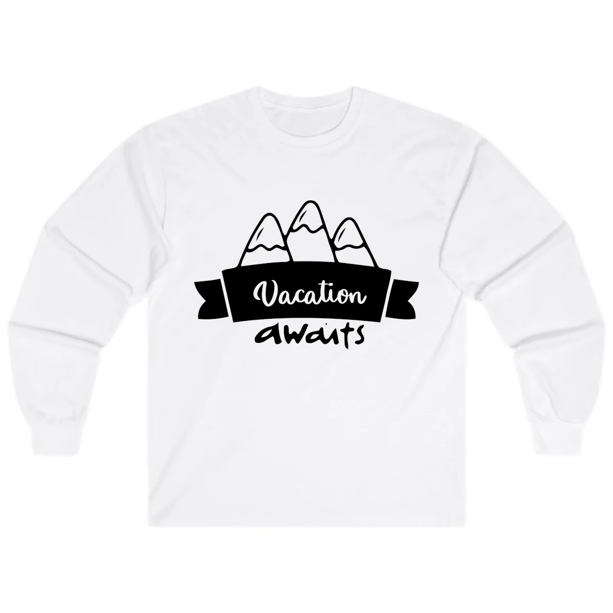Vacation Awaits Mountain Banner Long Sleeve in White