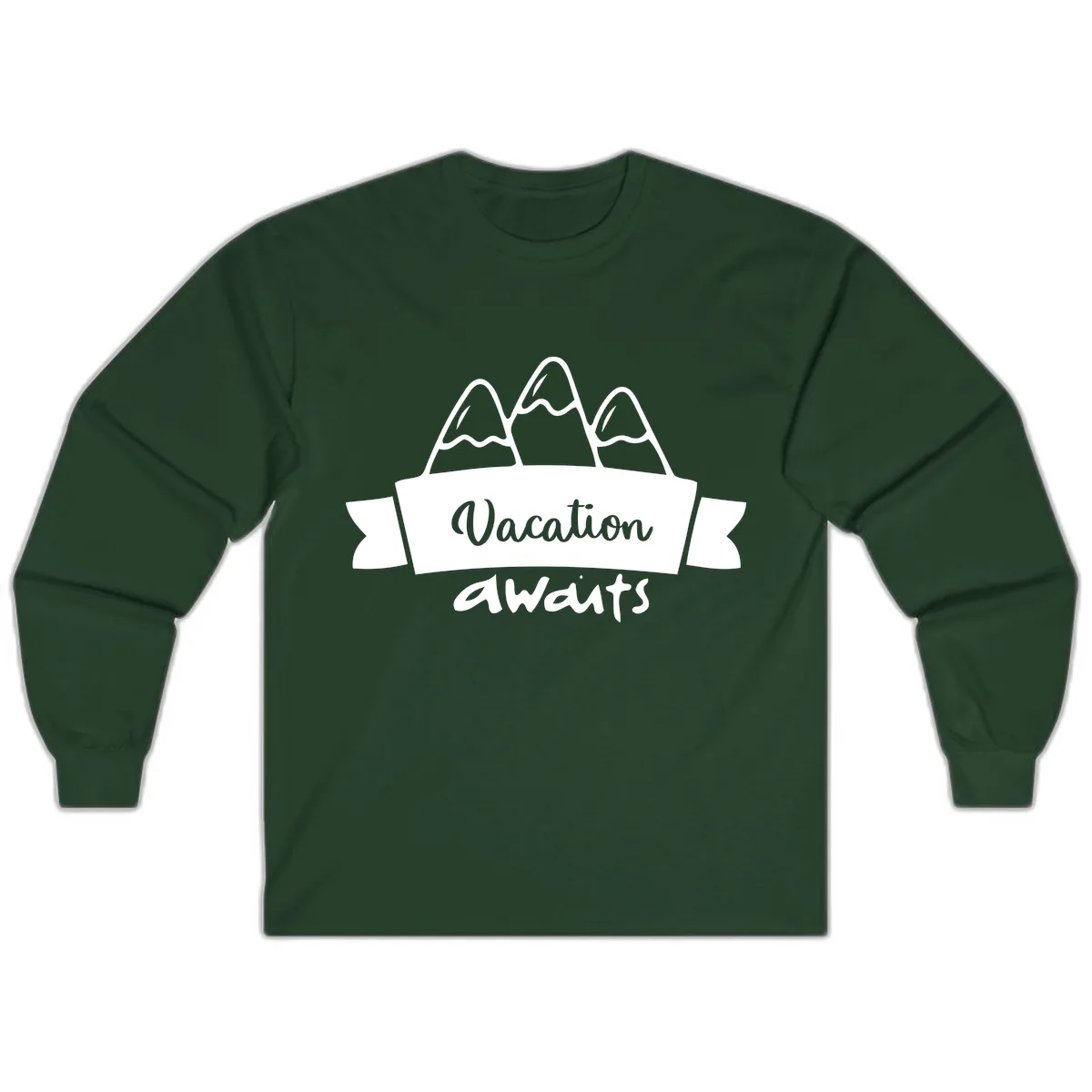 Vacation Awaits Mountain Banner Long Sleeve in Forest Green