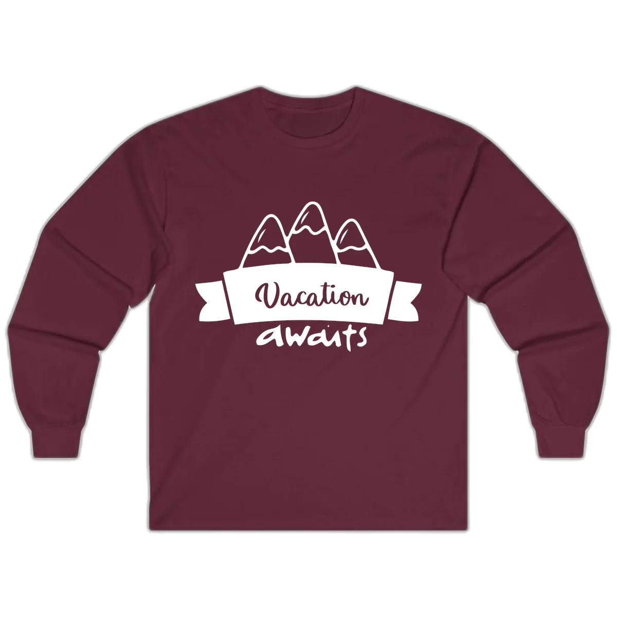 Vacation Awaits Mountain Banner Long Sleeve in Maroon