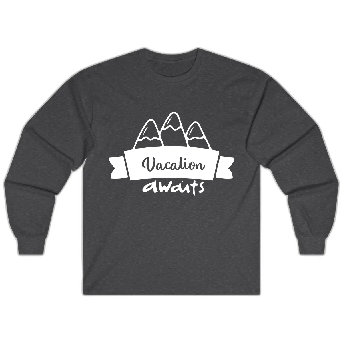 Vacation Awaits Mountain Banner Long Sleeve in Dark Heather