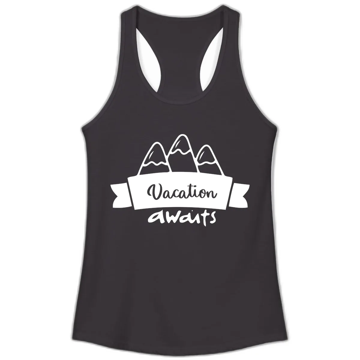Vacation Awaits Mountain Banner Ladies Tank in Black