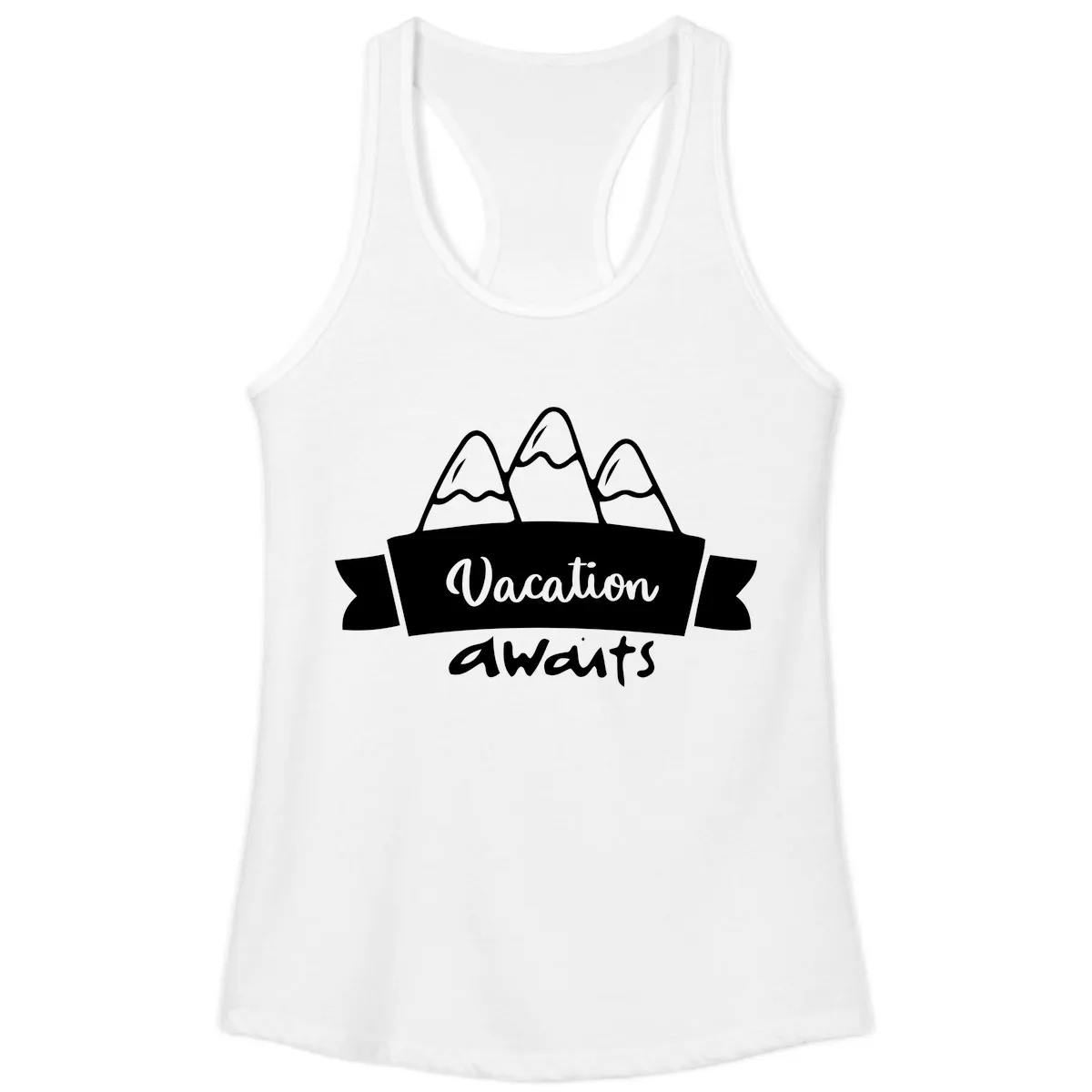 Vacation Awaits Mountain Banner Ladies Tank in White