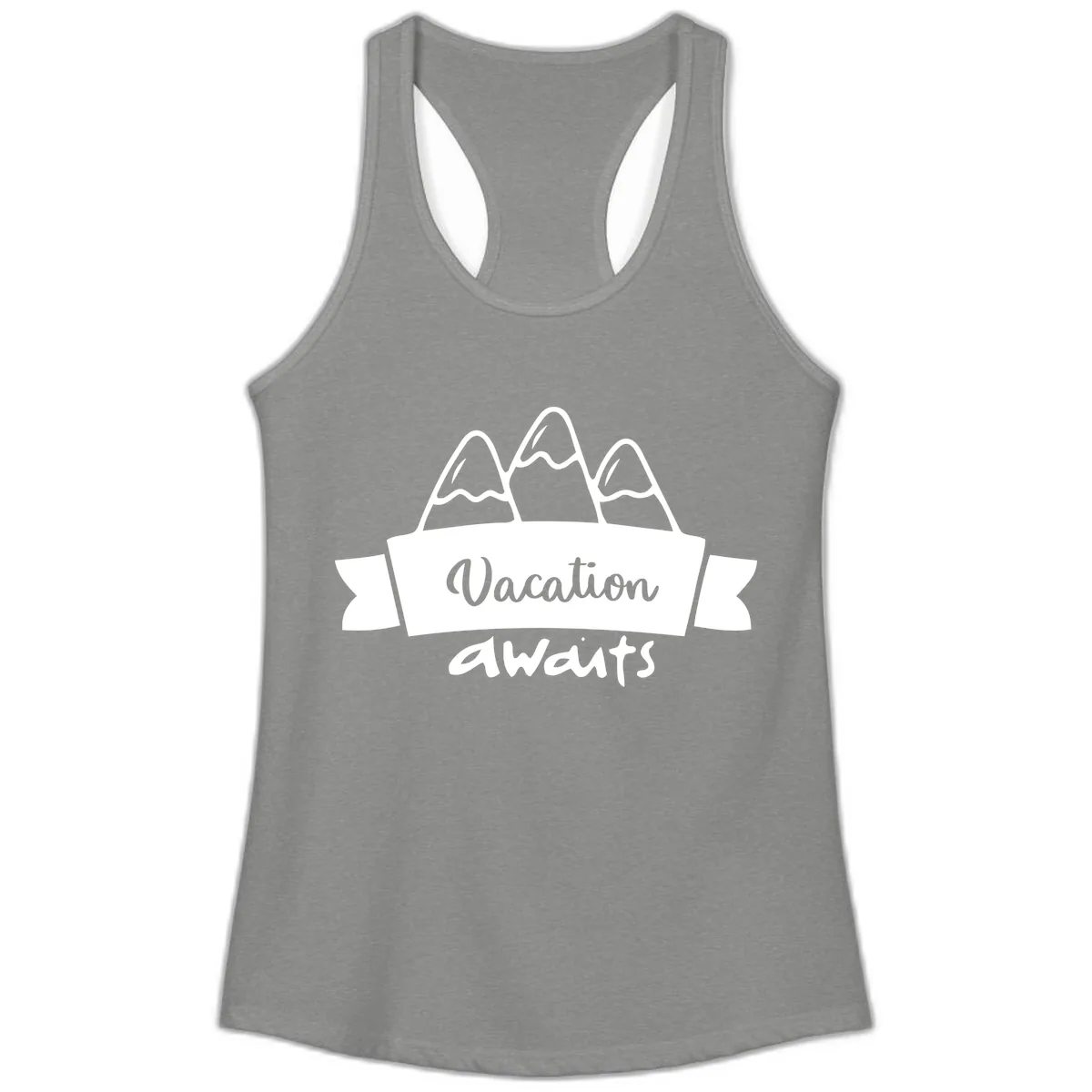 Vacation Awaits Mountain Banner Ladies Tank in Heather Grey