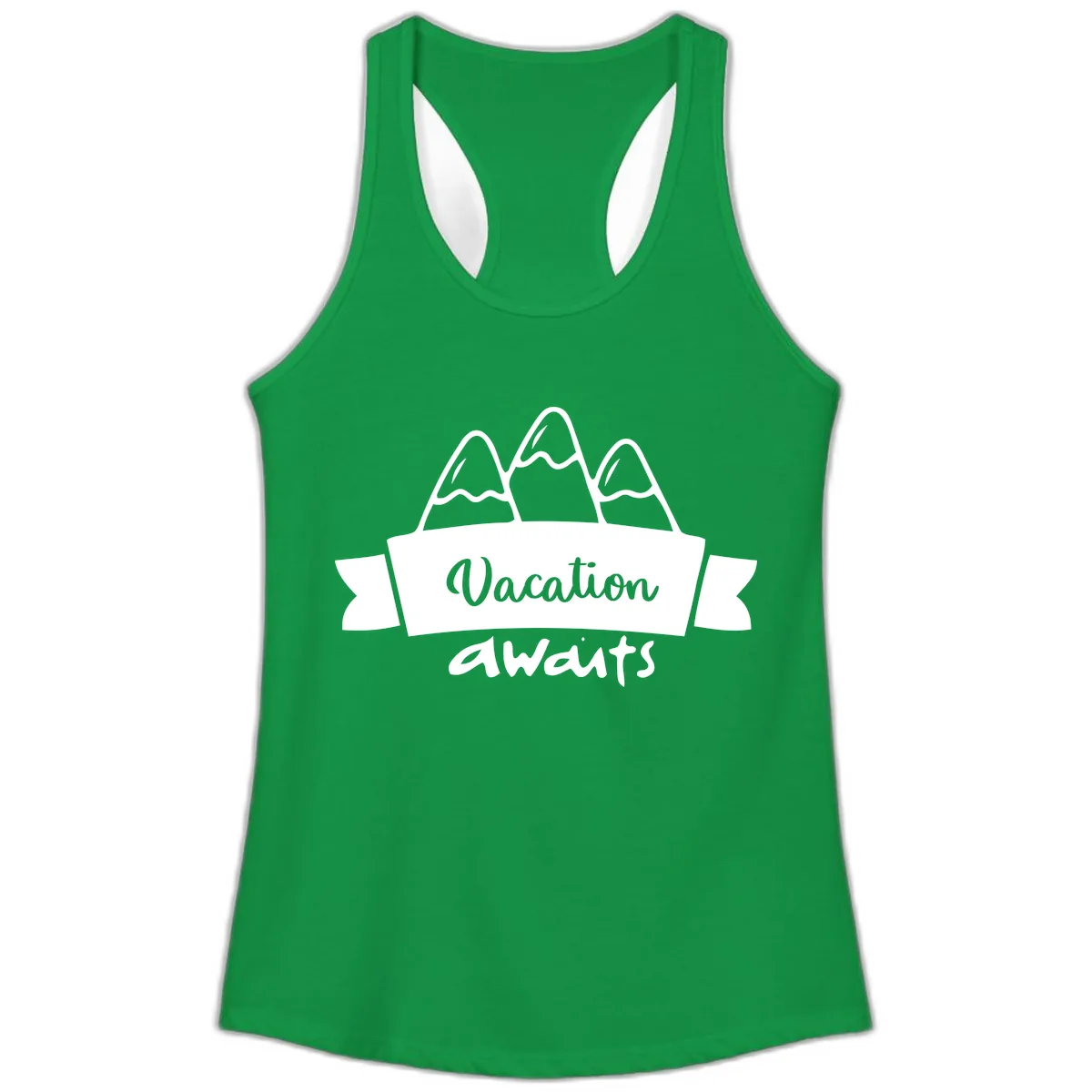Vacation Awaits Mountain Banner Ladies Tank in Solid Kelly Green