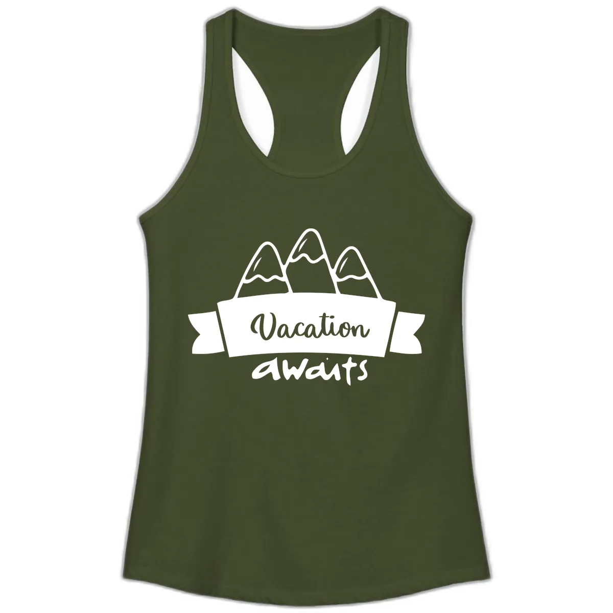 Vacation Awaits Mountain Banner Ladies Tank in Solid Military Green