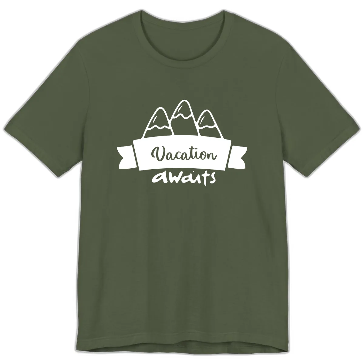 Vacation Awaits Mountain Banner Premium T-Shirt in Military Green