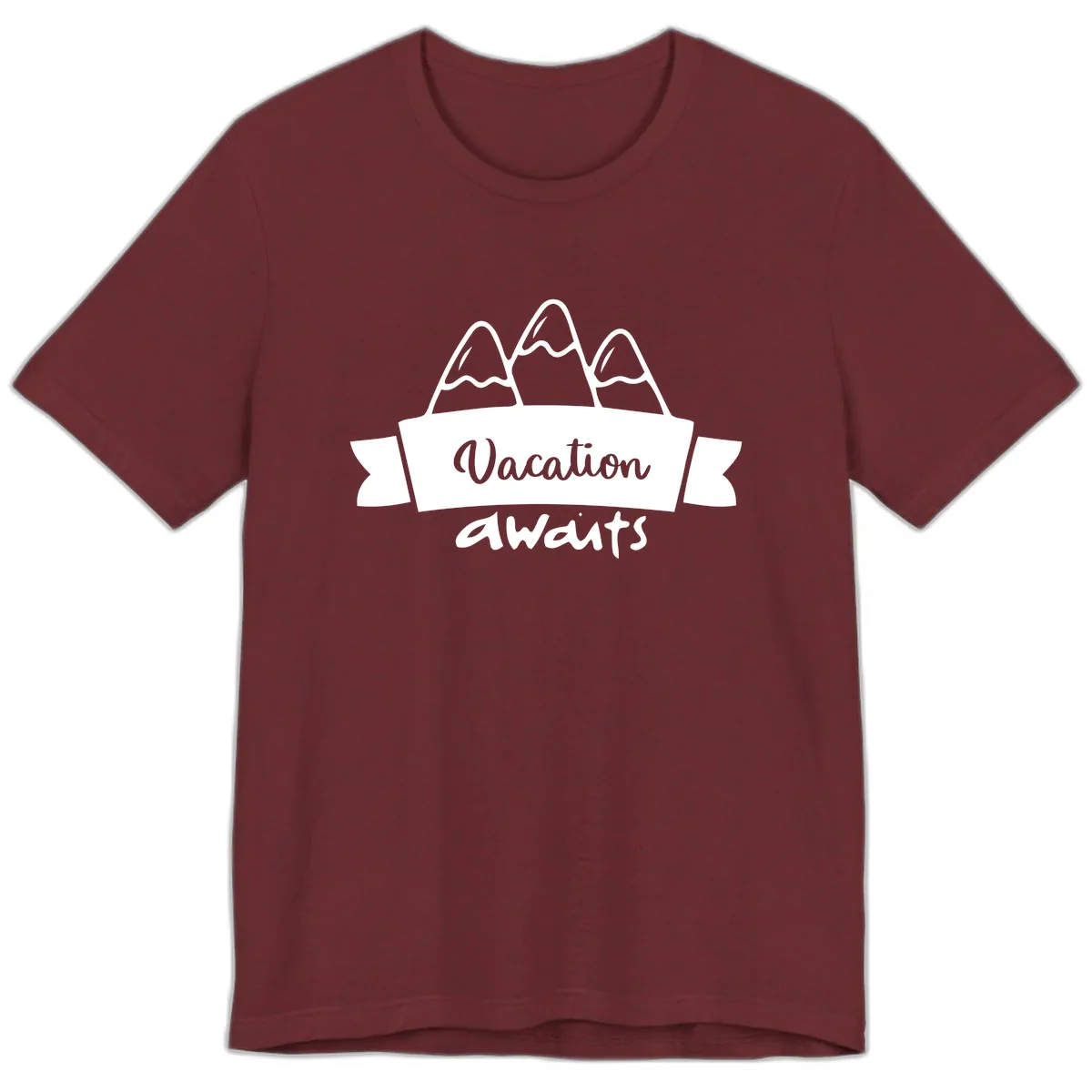 Vacation Awaits Mountain Banner Premium T-Shirt in Heather Cardinal