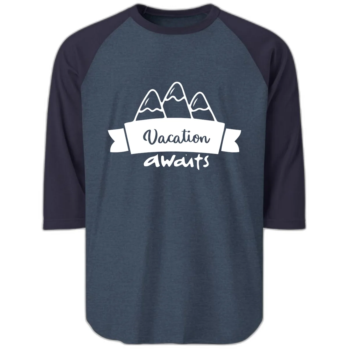 Vacation Awaits Mountain Banner Raglan 3/4 in Heather Denim Navy