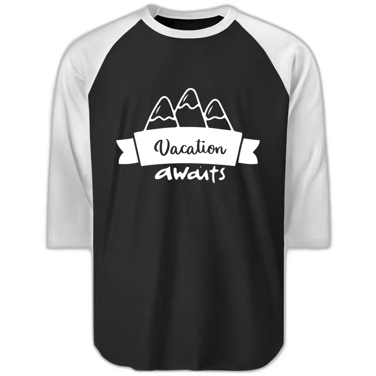 Vacation Awaits Mountain Banner Raglan 3/4 in Black White