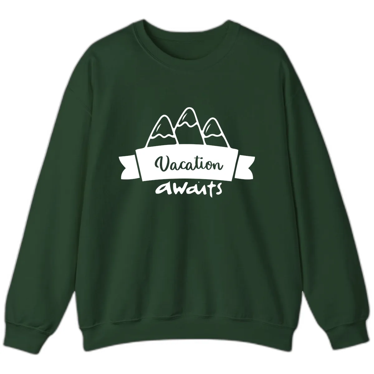Vacation Awaits Mountain Banner Sweatshirt in Forest Green