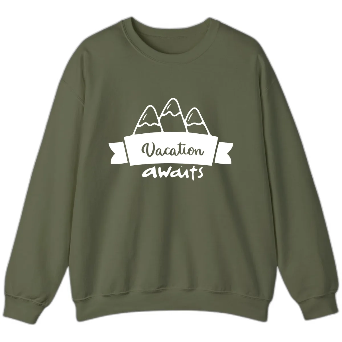 Vacation Awaits Mountain Banner Sweatshirt in Military Green