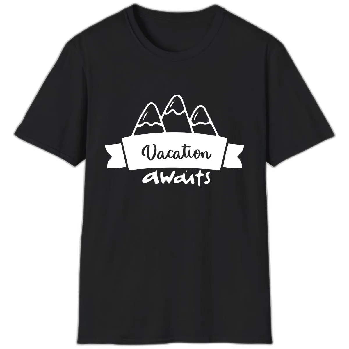 Vacation Awaits Mountain Banner T-Shirt in Black