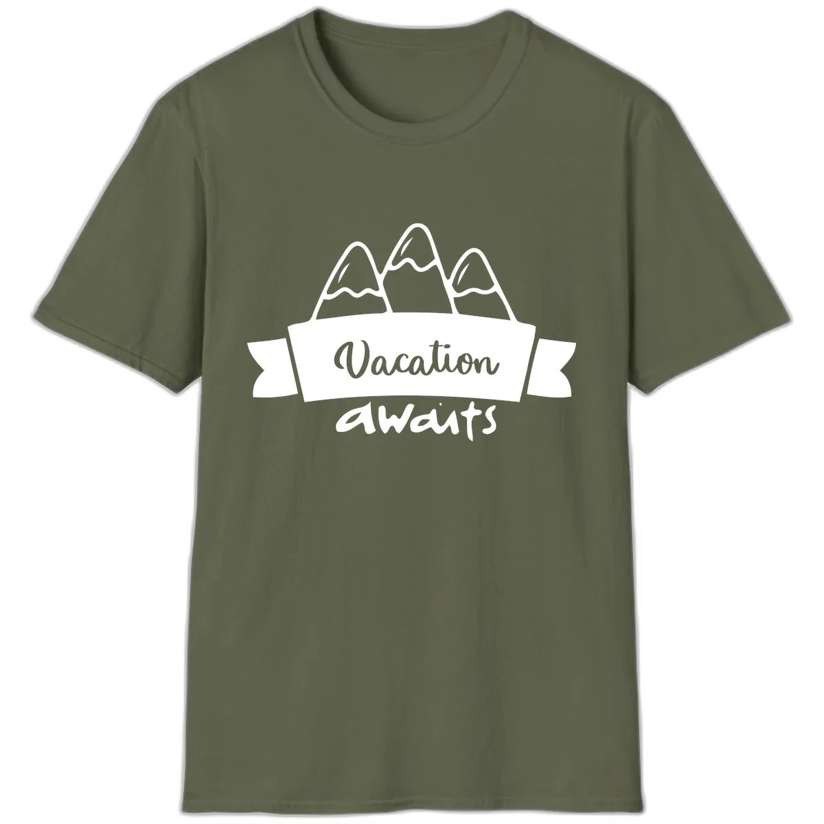 Vacation Awaits Mountain Banner T-Shirt in Military Green