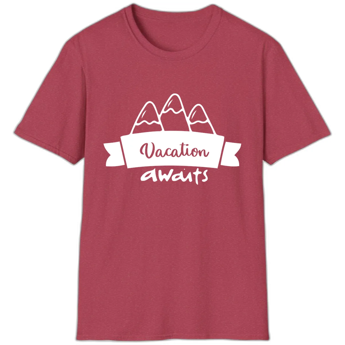 Vacation Awaits Mountain Banner T-Shirt in Heather Cardinal
