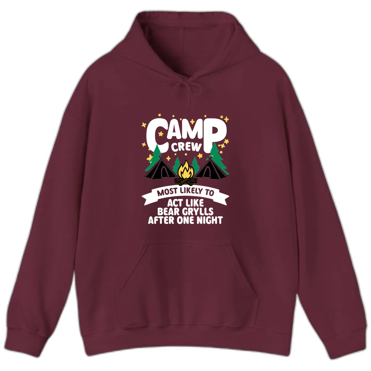 Camp Crew Bear Grylls Camping Humor Hoodie in Maroon