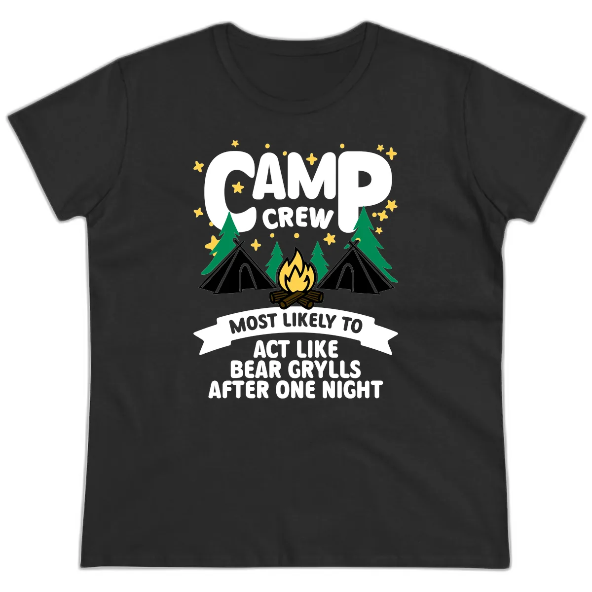 Camp Crew Bear Grylls Camping Humor Ladies Tee in Black