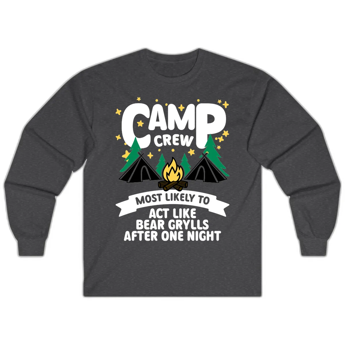 Camp Crew Bear Grylls Camping Humor Long Sleeve in Dark Heather