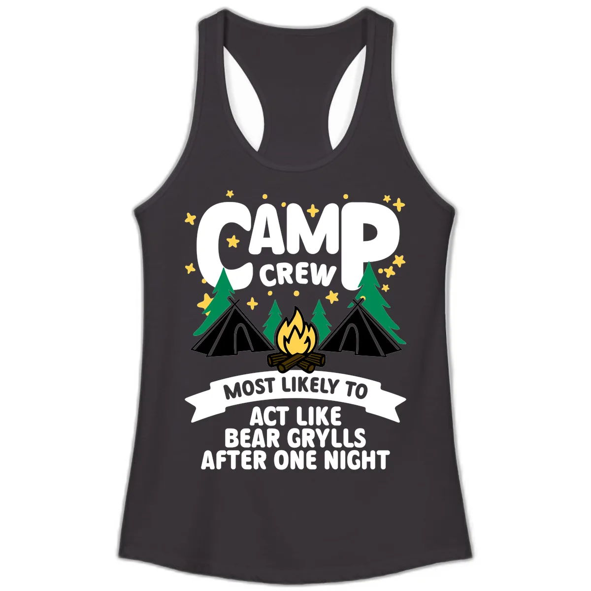 Camp Crew Bear Grylls Camping Humor Ladies Tank in Black
