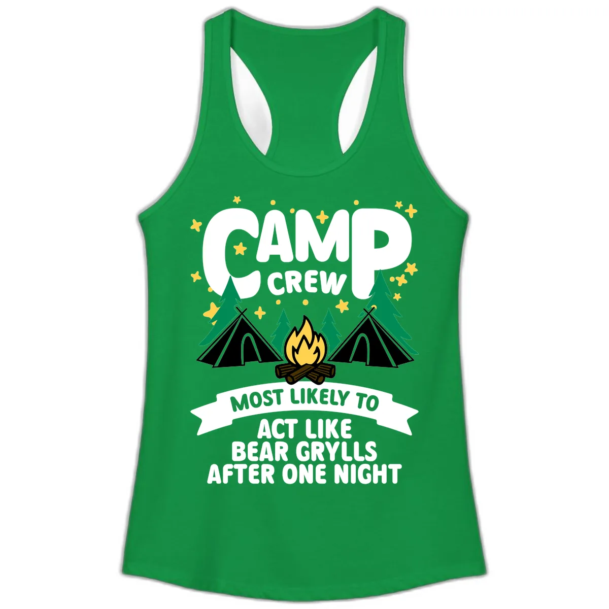 Camp Crew Bear Grylls Camping Humor Ladies Tank in Solid Kelly Green