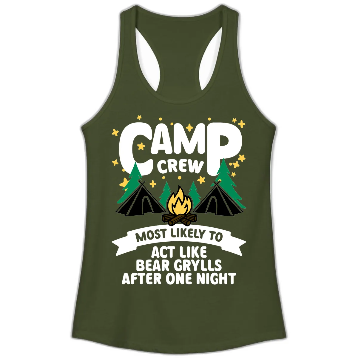 Camp Crew Bear Grylls Camping Humor Ladies Tank in Solid Military Green