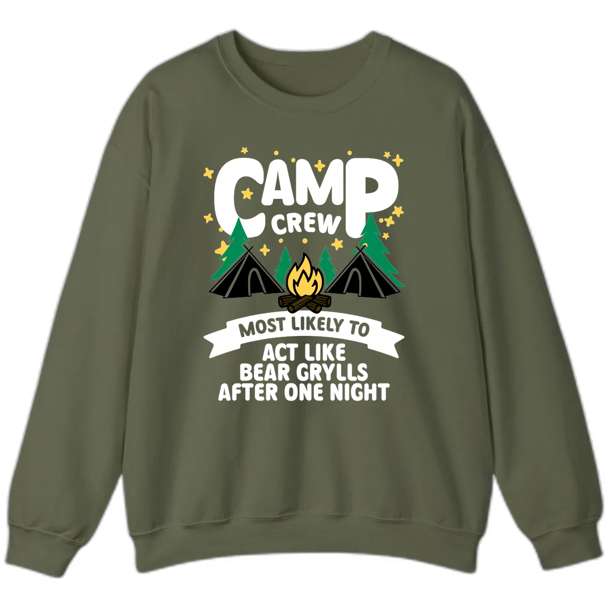 Camp Crew Bear Grylls Camping Humor Sweatshirt in Military Green