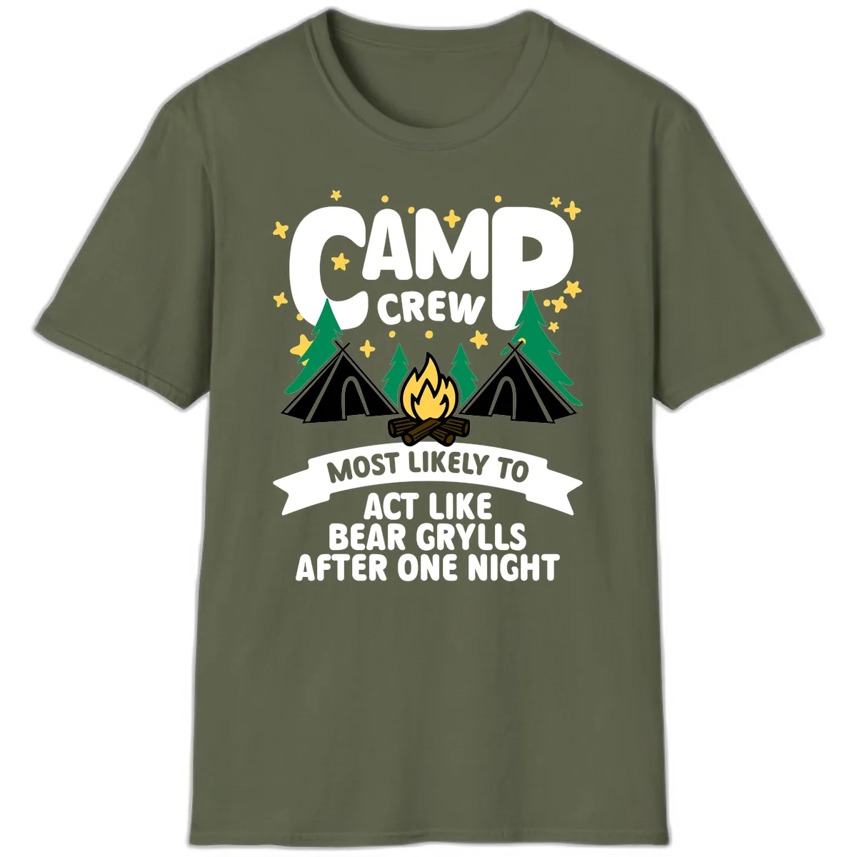 Camp Crew Bear Grylls Camping Humor T-Shirt in Military Green