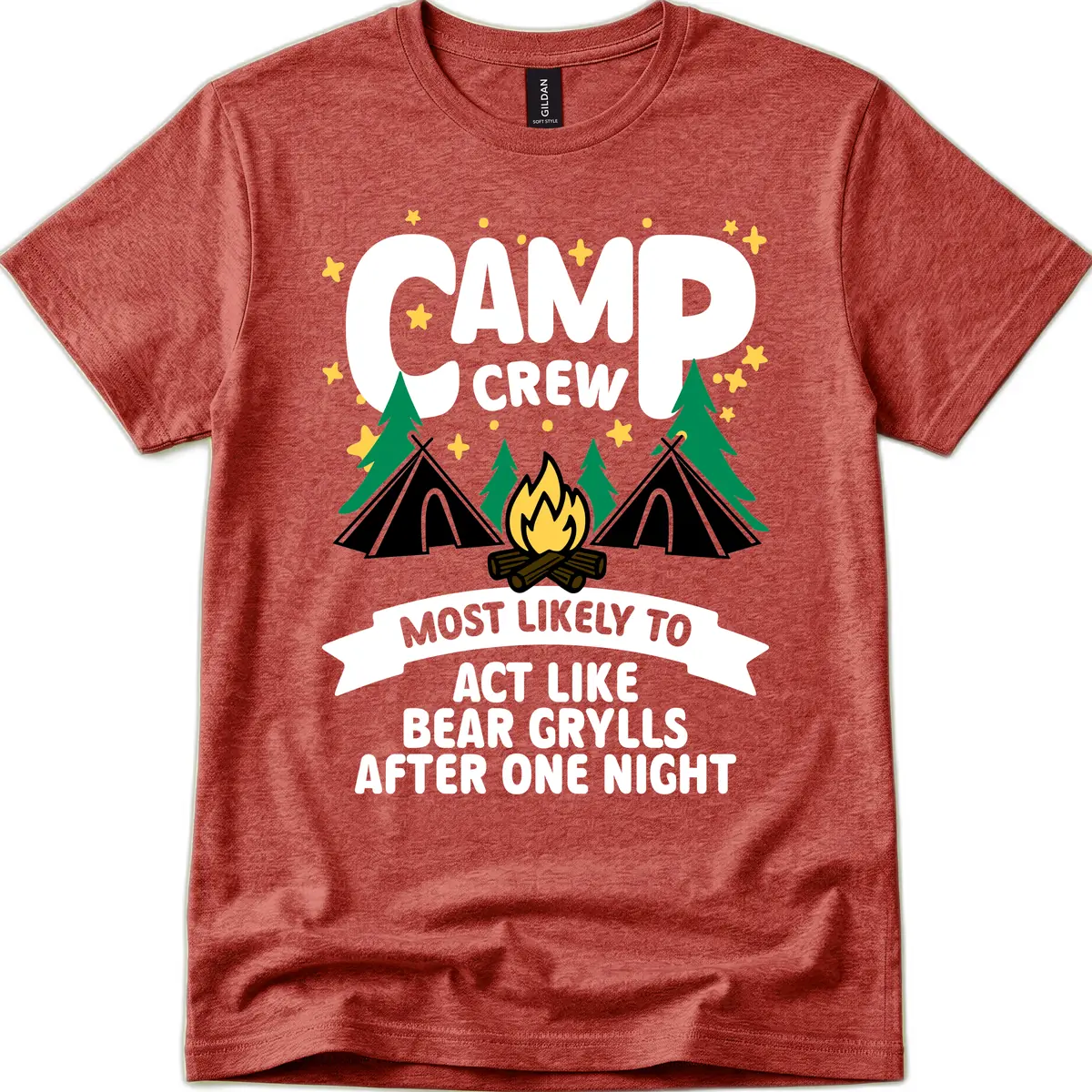 Camp Crew Bear Grylls Camping Humor T-Shirt in Heather Cardinal