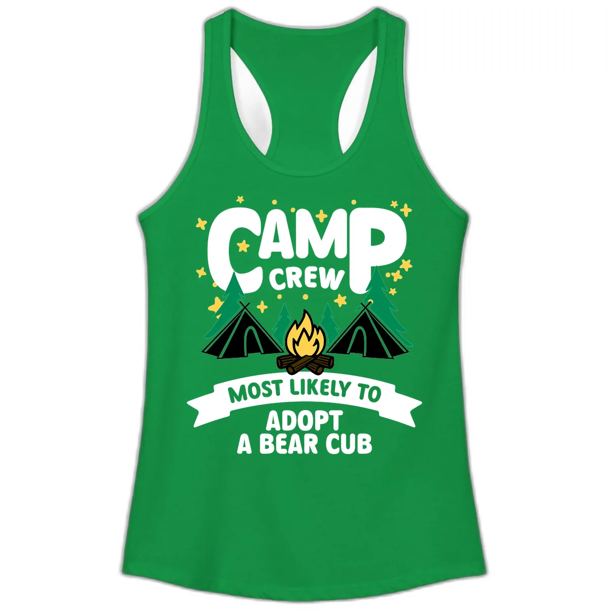 Camp Crew Bear Cub Adoption Ladies Tank in Solid Kelly Green