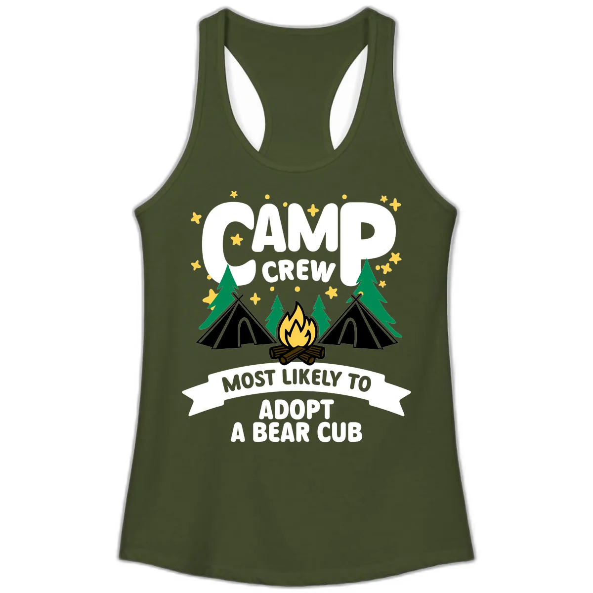 Camp Crew Bear Cub Adoption Ladies Tank in Solid Military Green