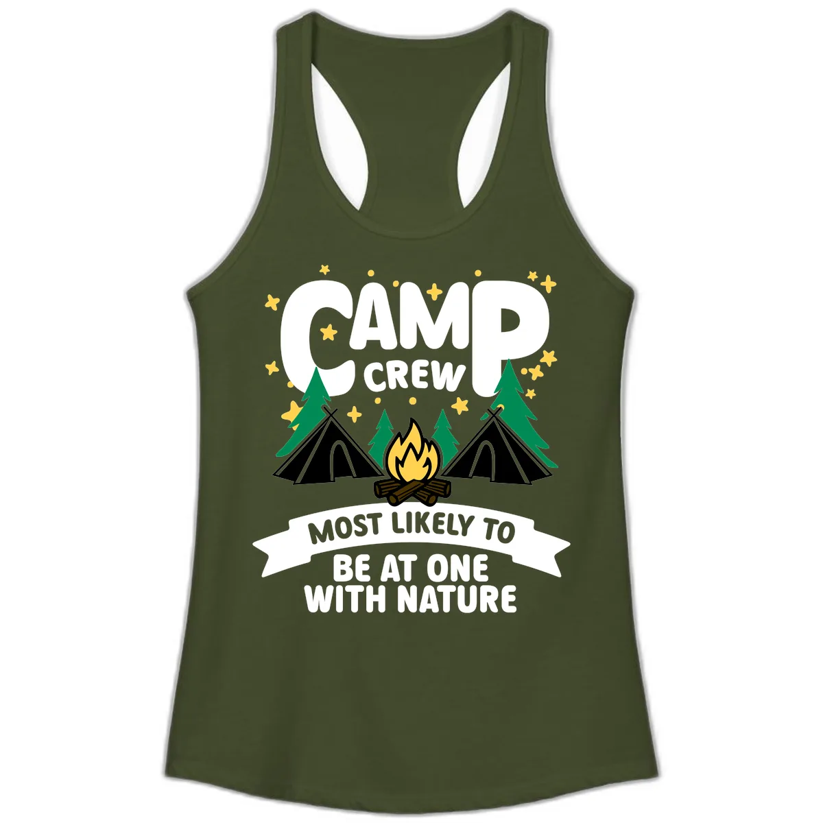 Camp Crew Most Likely To Be At One With Nature Ladies Tank in Solid Military Green