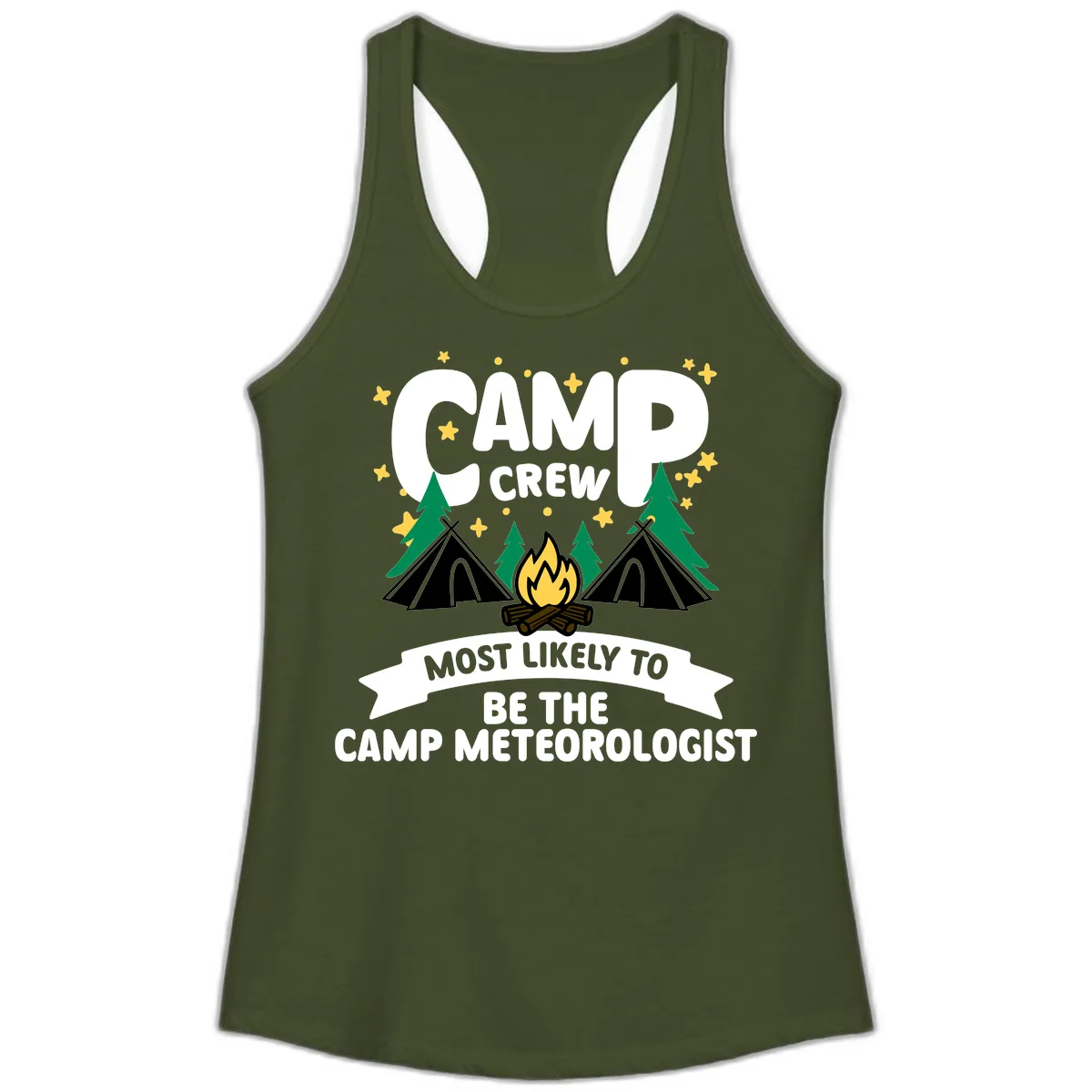 Camp Crew Most Likely Meteorologist Ladies Tank in Solid Military Green